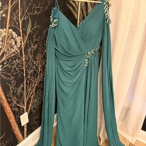 Tarik Ediz Teal Long Sleeve Gown